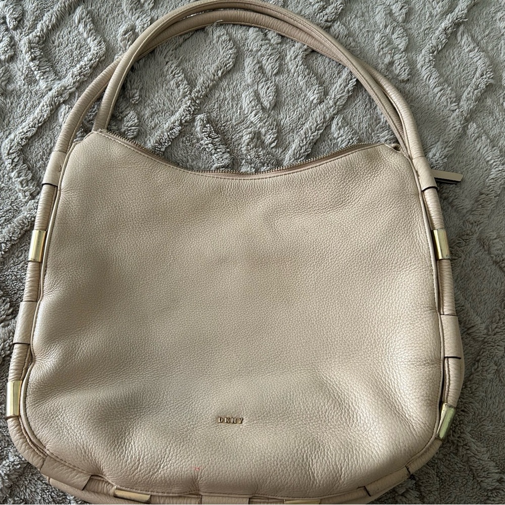 DKNY Cream Leather Shoulder Bag with Gold Accents